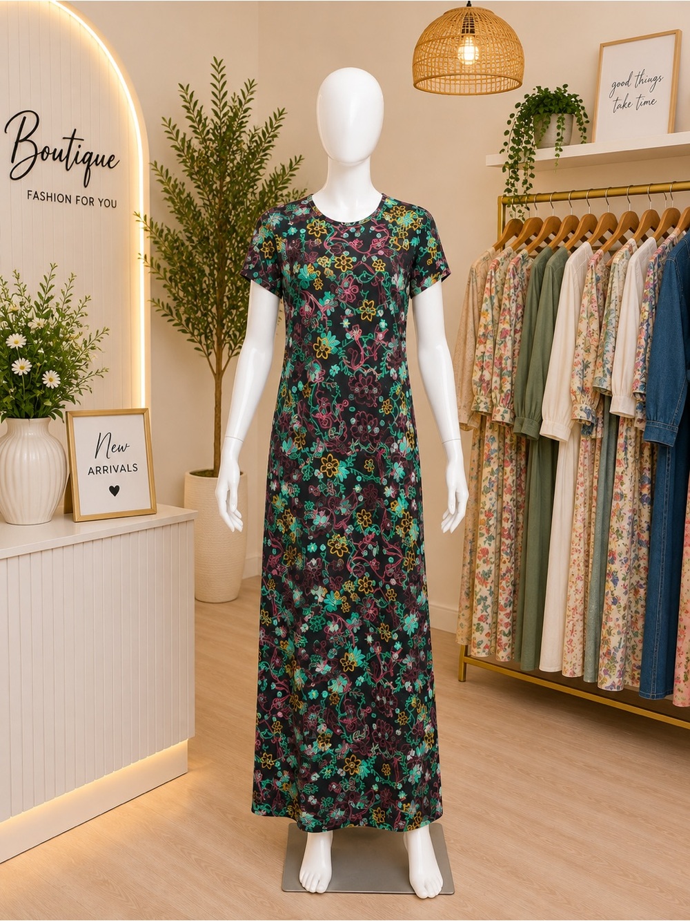 LuLaRoe Short-Sleeve Floral Maxi Dress in Black, Teal & Purple